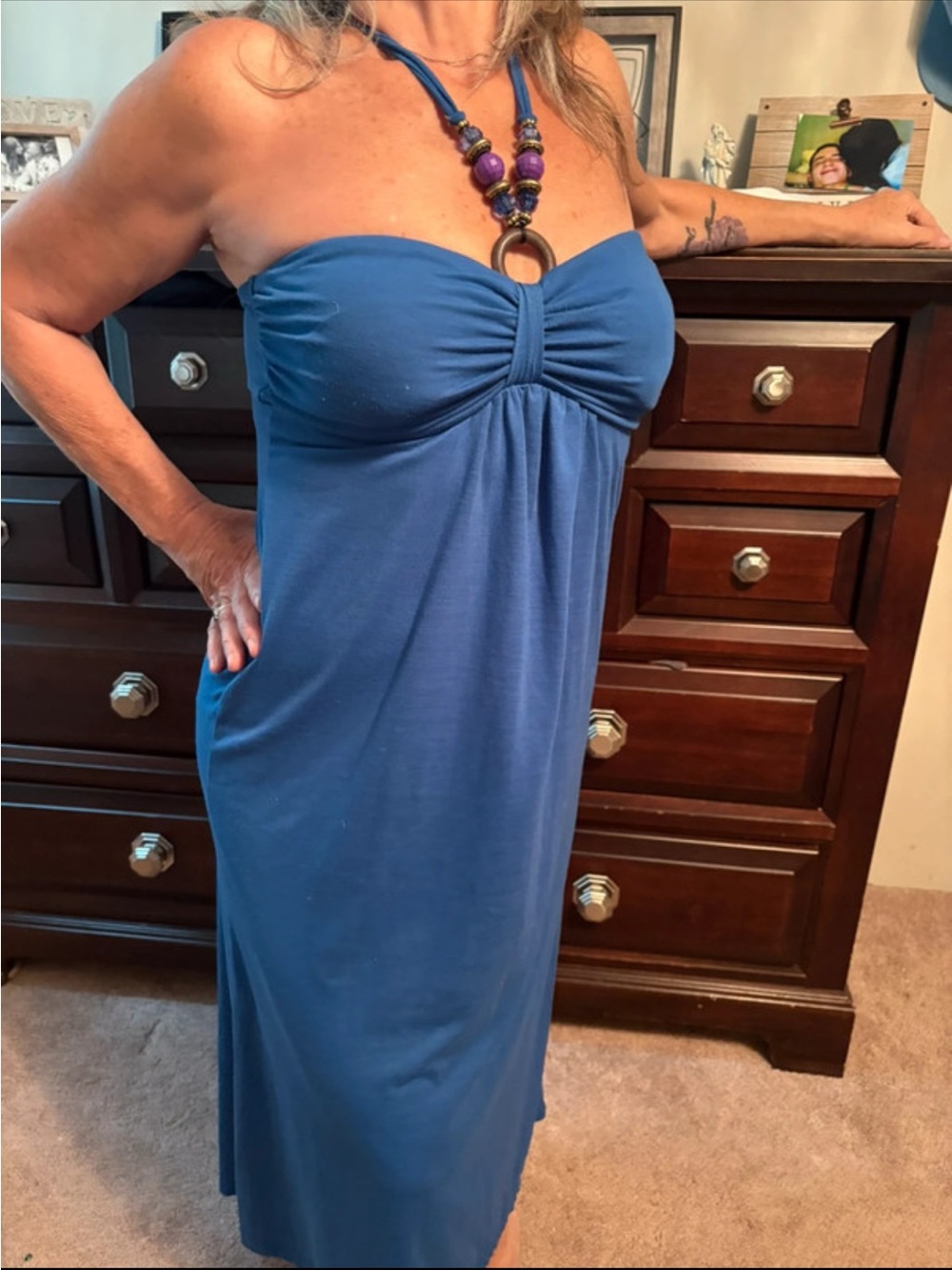 Strapless Blue Maxi Dress - Elegant Summer Style Colorful Wood Bead Tie Up